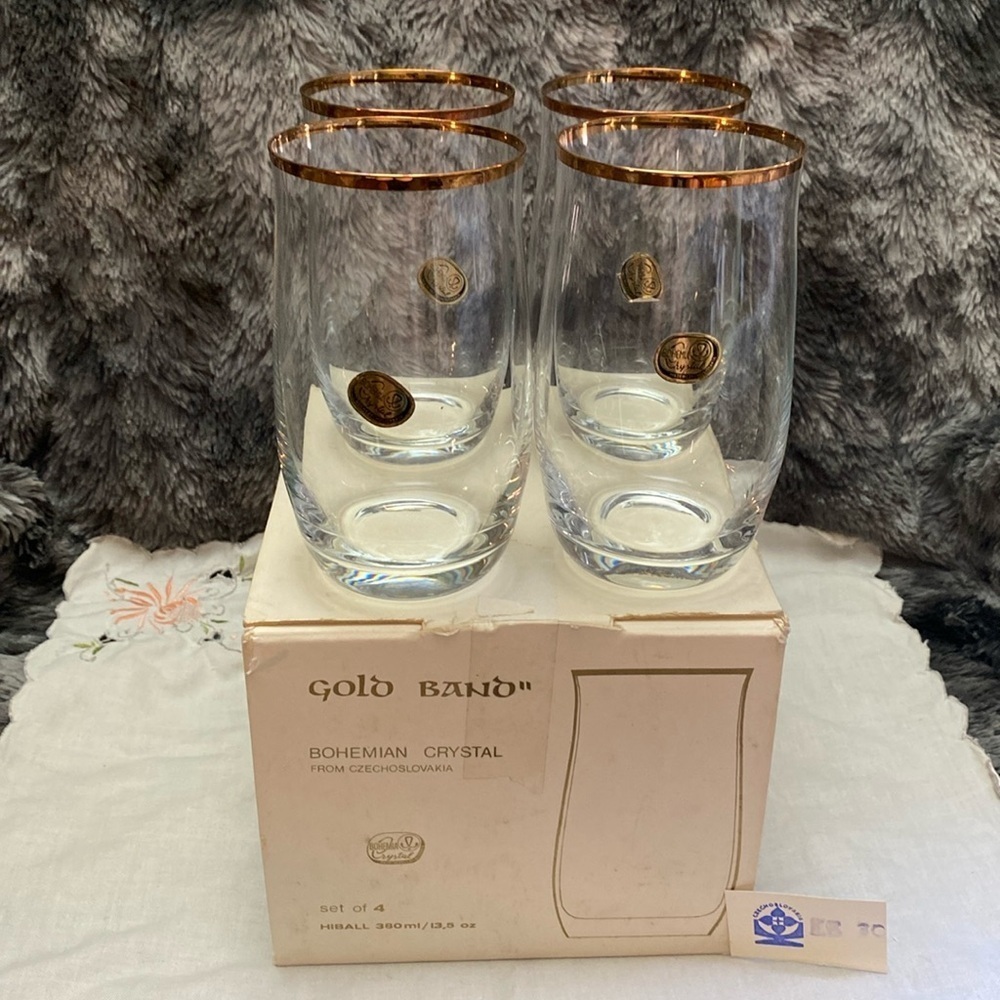 1980 Bohemian Crysalex Geneva old Fashion Gold Rim Whiskey High Ball Glasses.